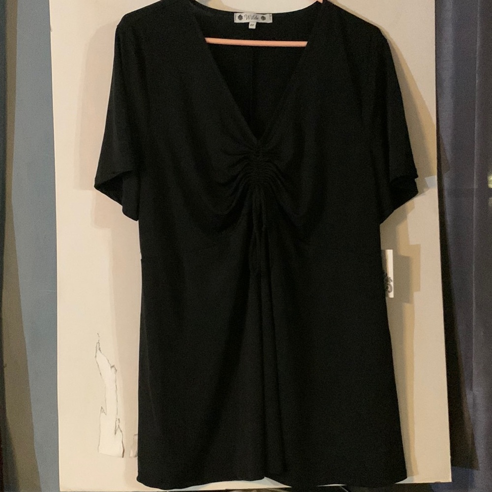 Short sleeve Black Polyester ruffles in front shirt